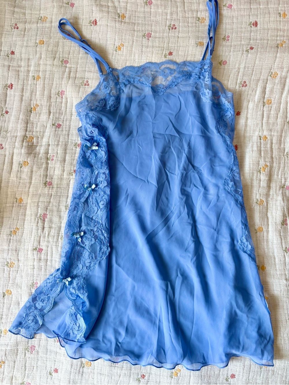 Blue Lace Trim Sheer Slip Dress Gorgeous Babydoll Bow Lingerie